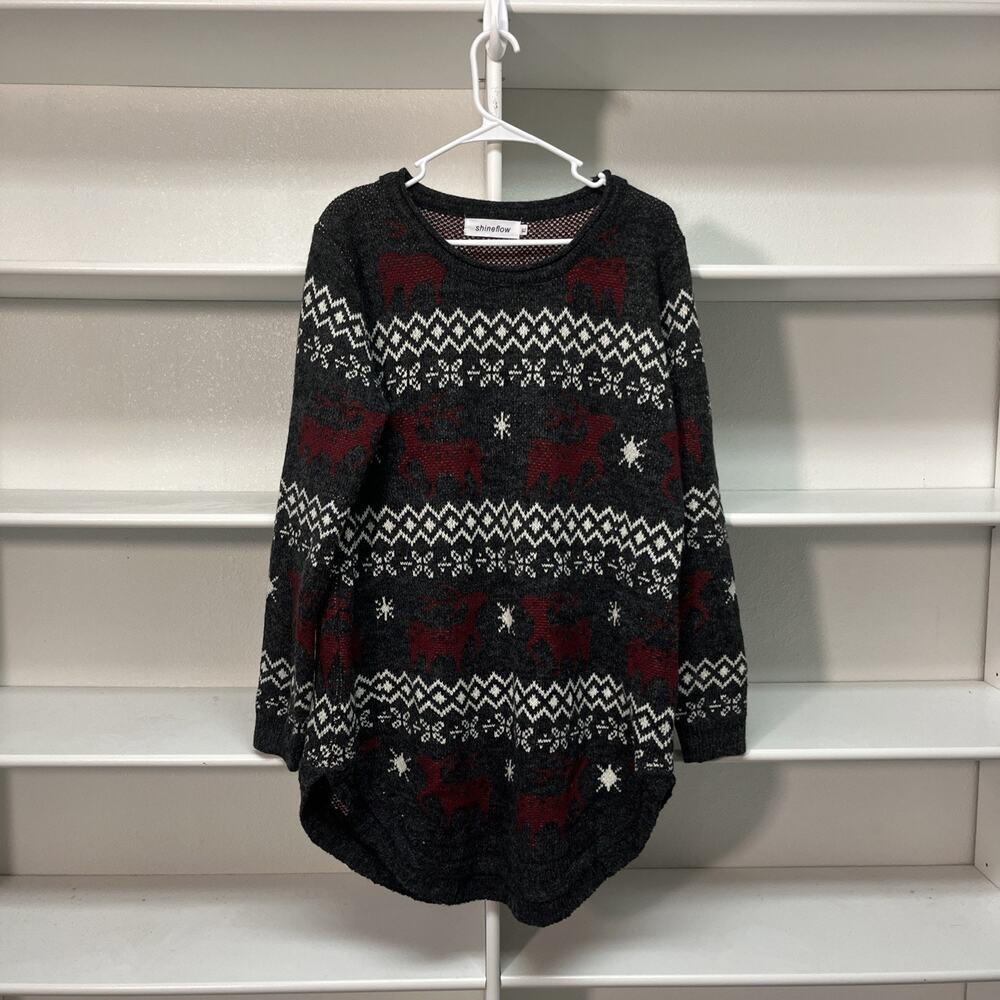 Shineflow Women’s Oversized Christmas Sweater Tunic XL Fair Isle Reindeer